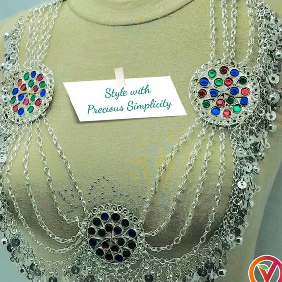 Multilayers Silver Bib Necklace With Dangling Tassels and Three Big Motifs - Picture 3 of 10